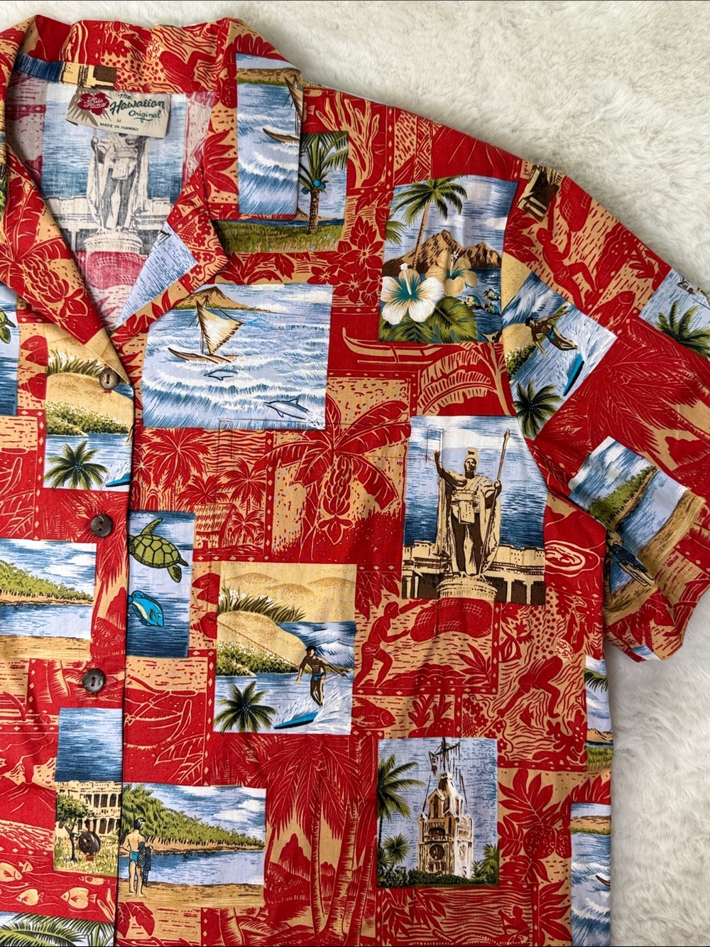 Hilo Hattie Hawaiian Aloha Shirt Mens M Made In Hawaii Scenic Patchwork Cotton
